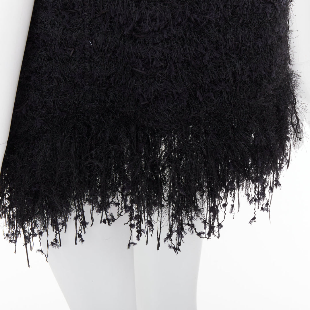 BALMAIN black fringe tweed gold varsity buttons drape front vest FR36 S