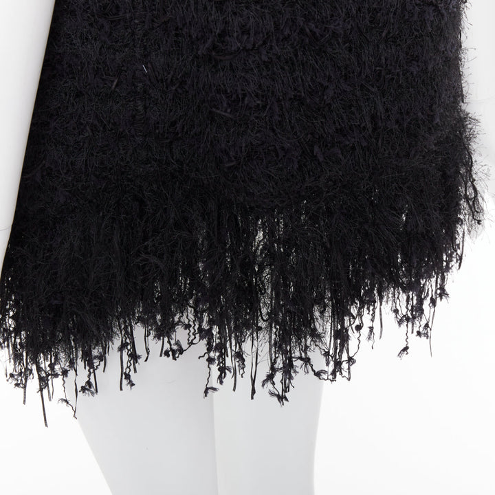 BALMAIN black fringe tweed gold varsity buttons drape front vest FR36 S