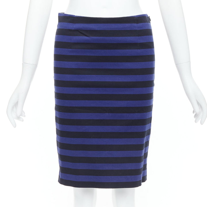 PRADA blue black striped back slit waist darts pencil skirt IT38 S