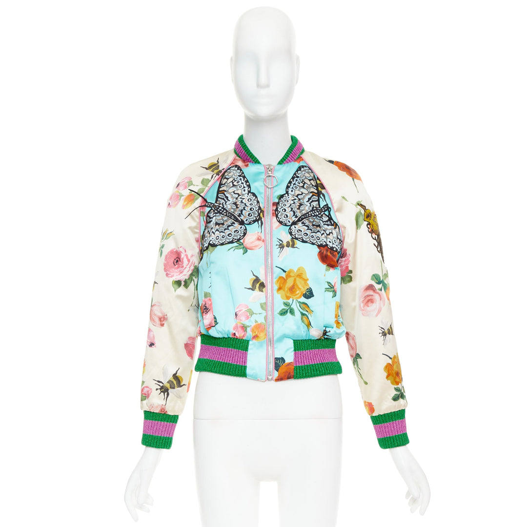 GUCCI 2016 Michele Runway blue silk butterfly bee embroidery bomber jacket IT40