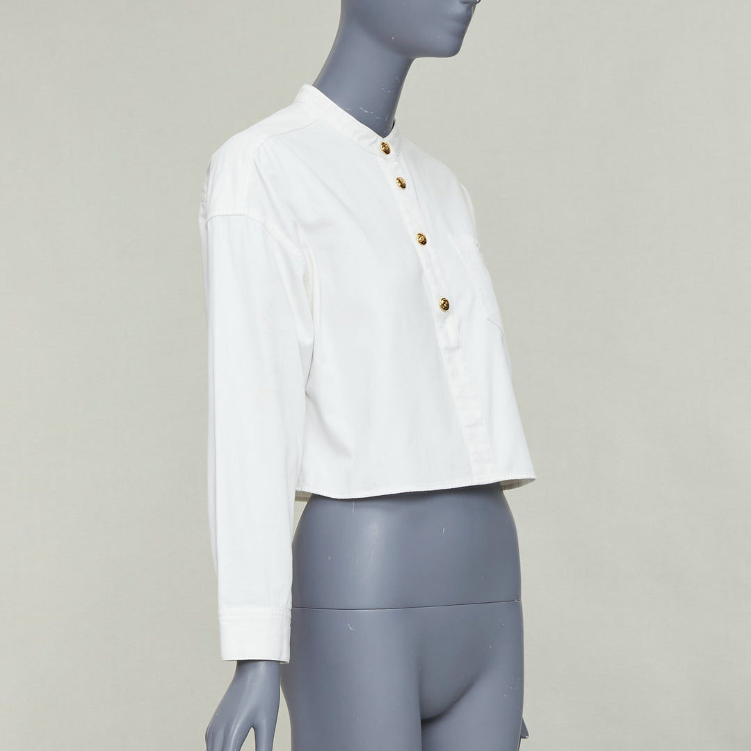 CELINE Triomphe optic white cotton anagram gold button crop popover shirt FR36 S