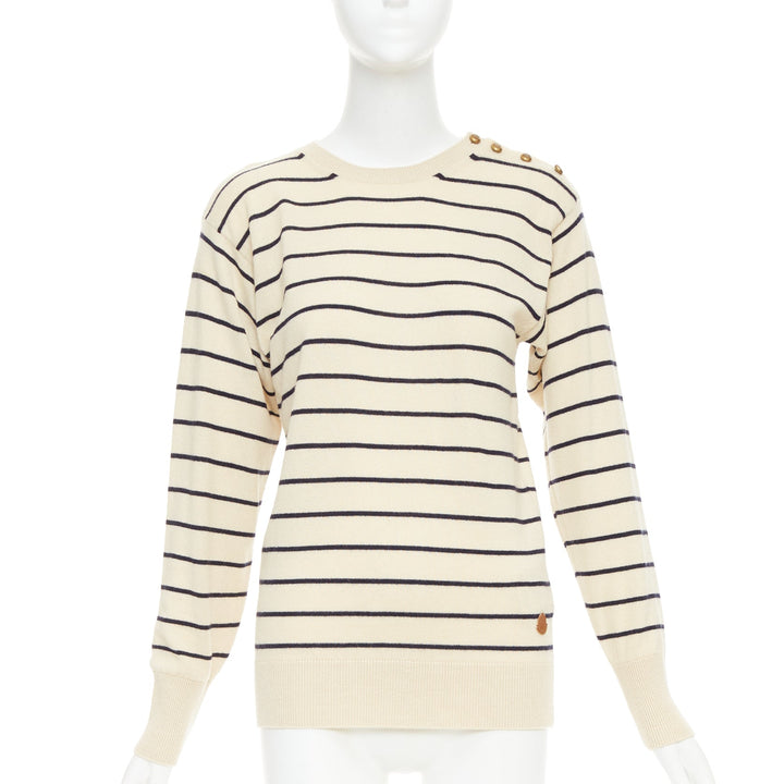MONCLER Girocollo Tricot cream black wool cotton cashmere striped sweater XXS