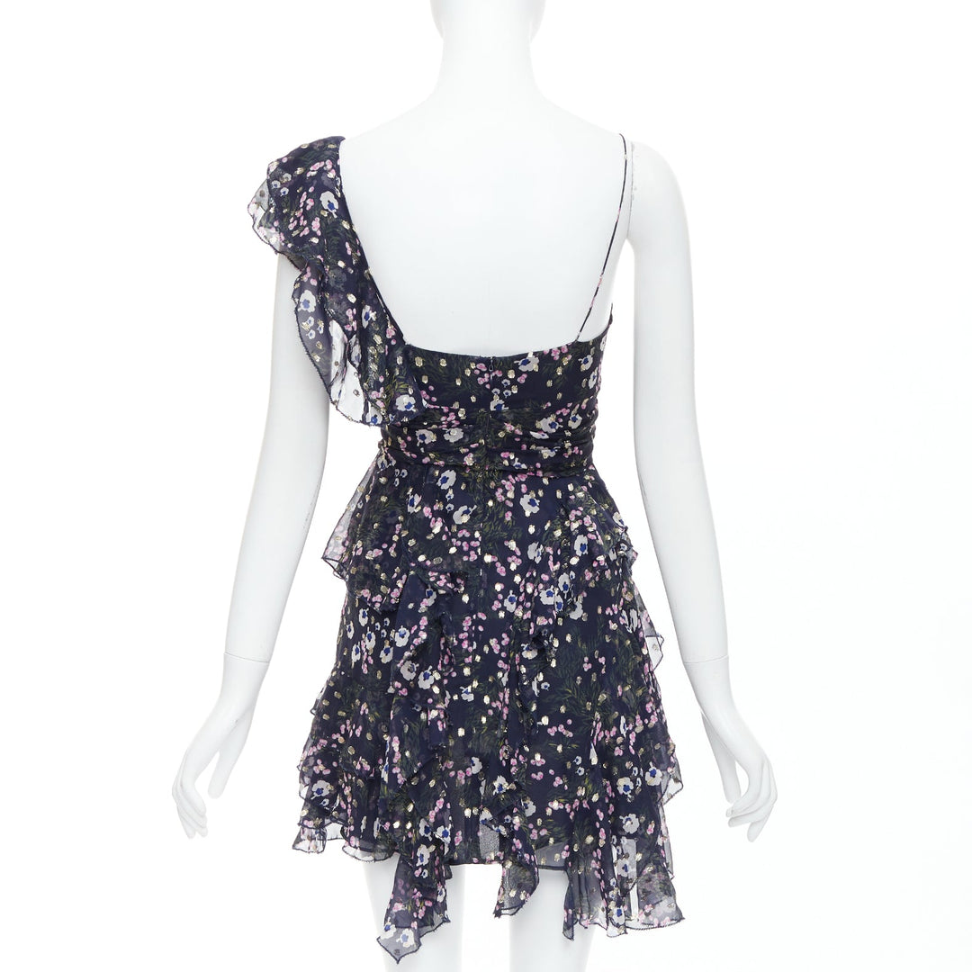 ISABEL MARANT Manda navy silk metallic floral asymmetric ruffle dress FR34 XS