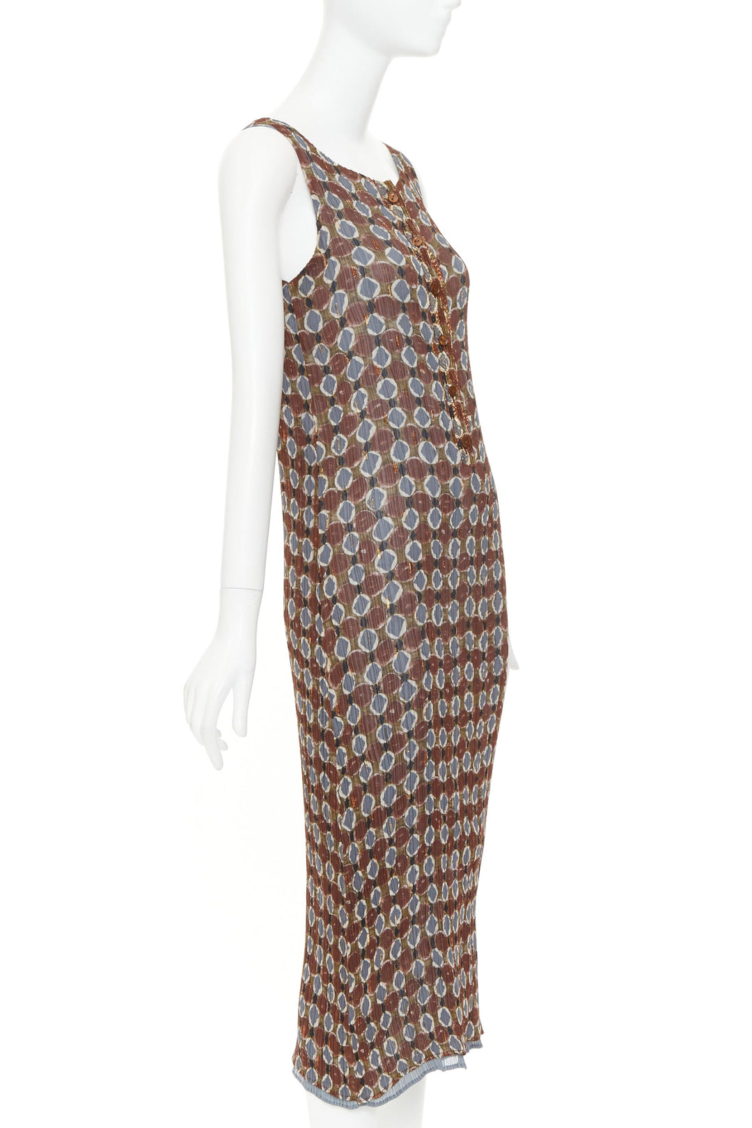 ISSEY MIYAKE Vintage Ajrakh brown blue tile print metallic ruffle pleat dress S
