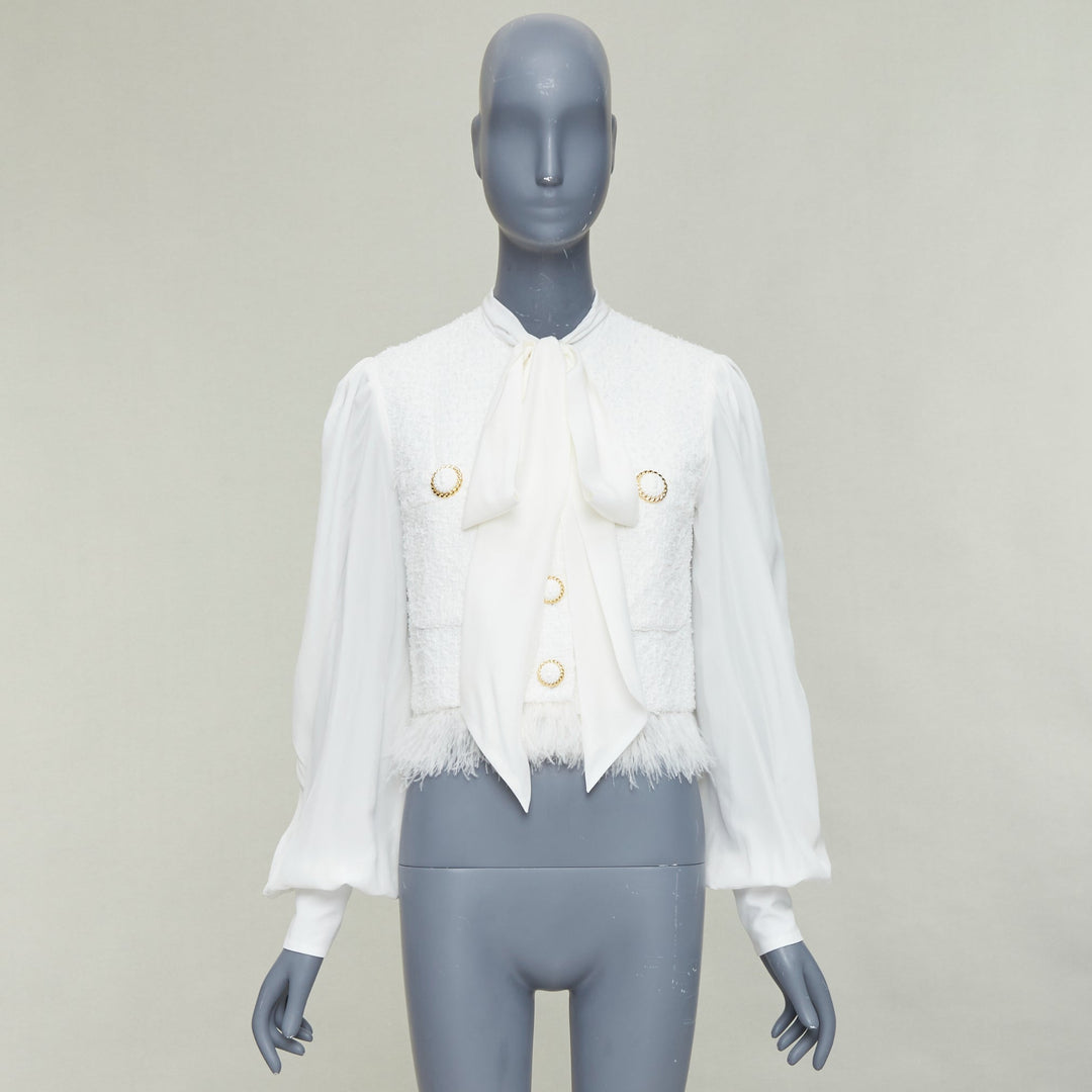 BALMAIN 2024 cream tweed silk sleeves gold lion buttons feather jacket FR36 S