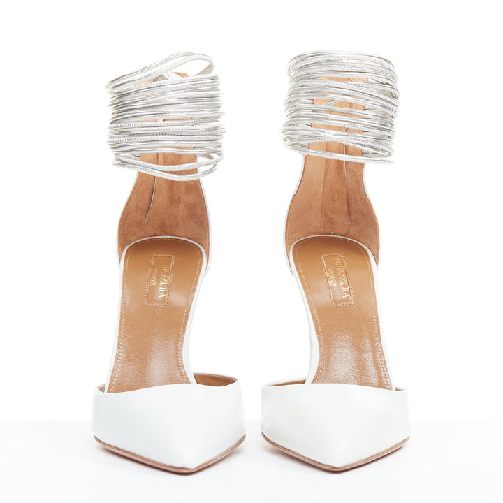 AQUAZZURA Hello Lover 105 white calf silver corded ankle strap pumps EU37.5