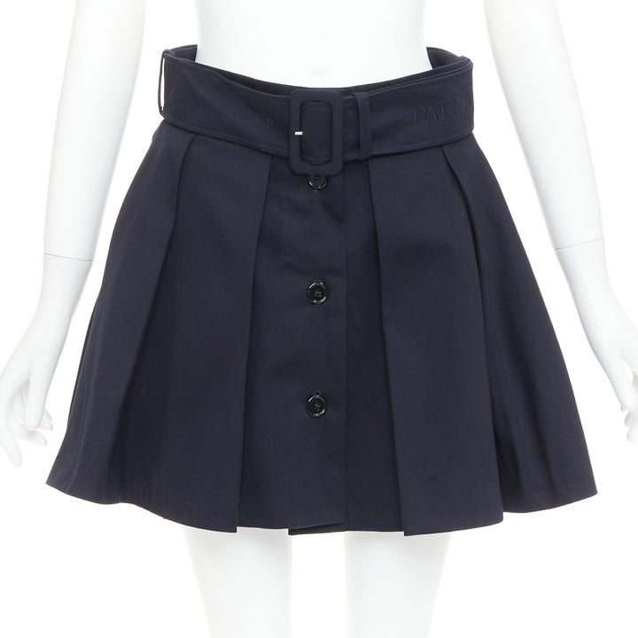 PATOU navy cotton front button box pleat belted flared mini skirt FR38 M