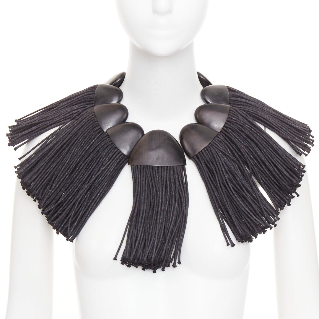 MONIES hand carved ebony wood panel fabric fringe radial statement bib necklace