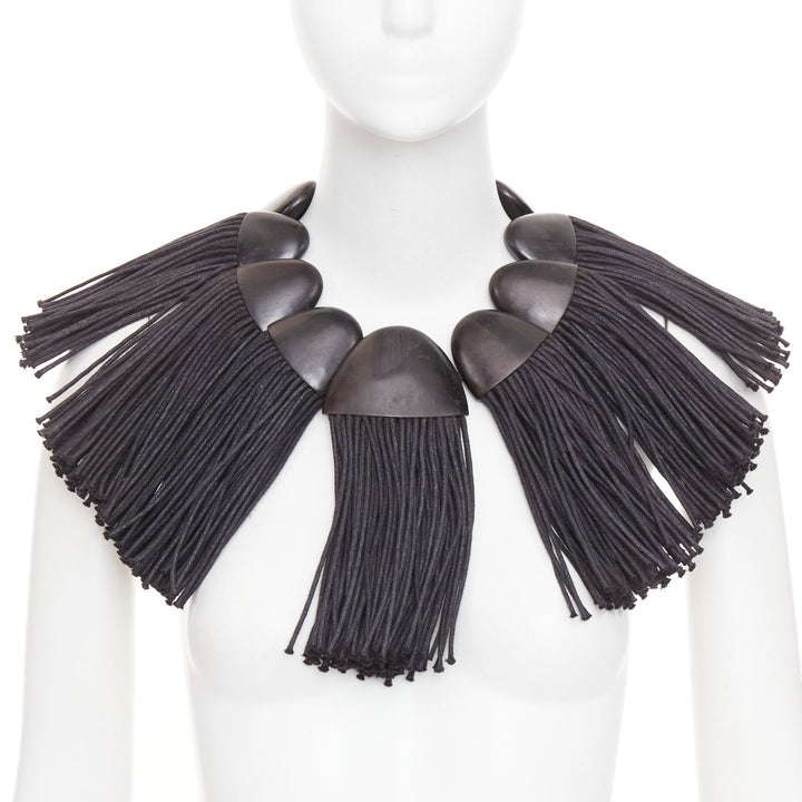 MONIES hand carved ebony wood panel fabric fringe radial statement bib necklace
