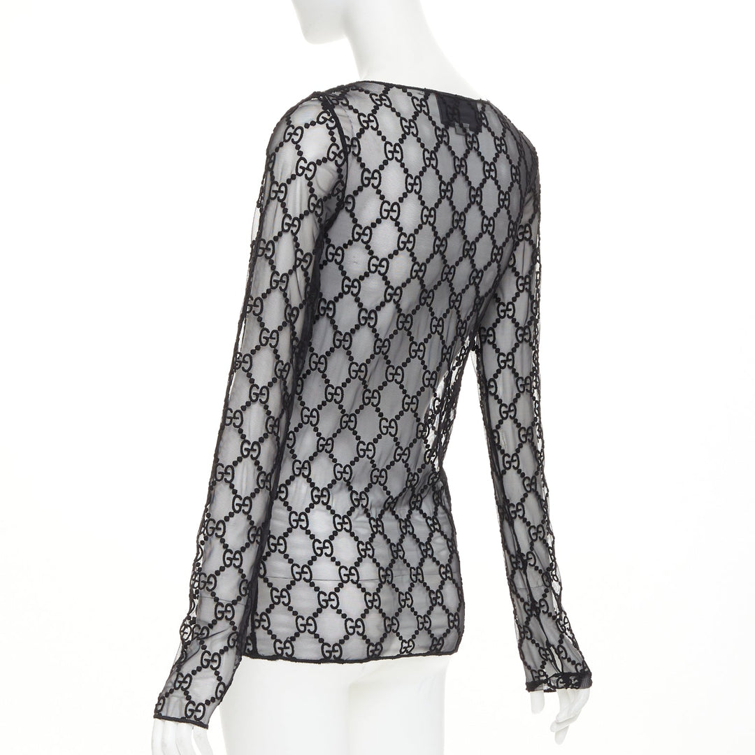 GUCCI 2019 black sheer monogram GG embroidered tulle long sleeve top XXS