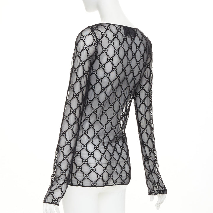 GUCCI 2019 black sheer monogram GG embroidered tulle long sleeve top XXS