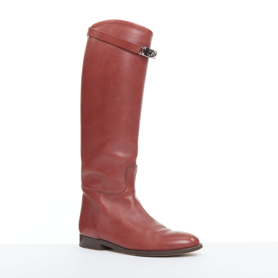 HERMES Jumping Kelly burgundy calfskin silvertone turnlock riding boots EU37