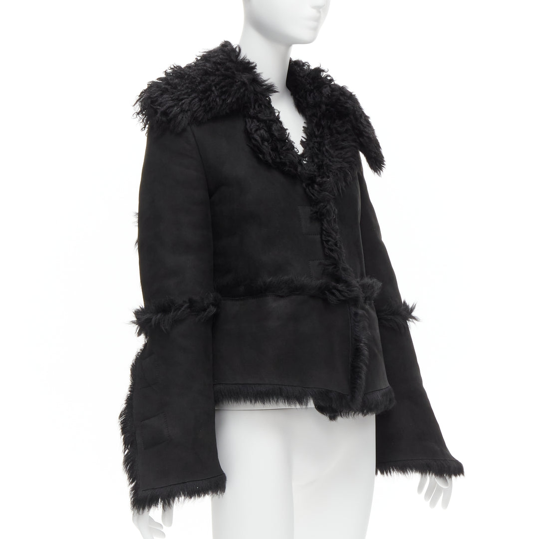 GUCCI Tom Ford Vintage black shearling fur suede flared sleeve coat IT38 XS