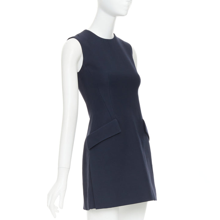 DIOR navy wool silk flap pocket darted slit sided sleeveless Aline dress FR34 XS