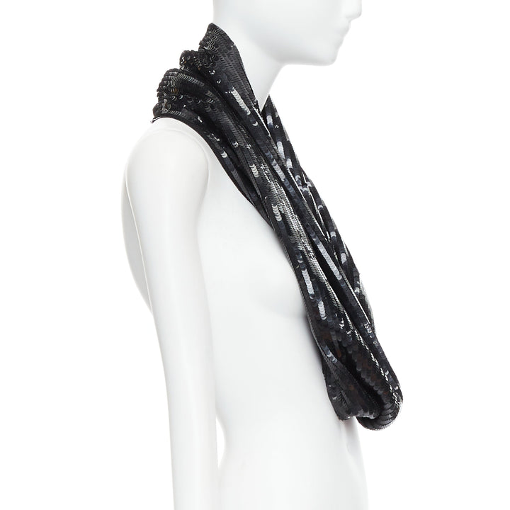 MONSE 100% silk black sequinned wrap around infinity circle scarf