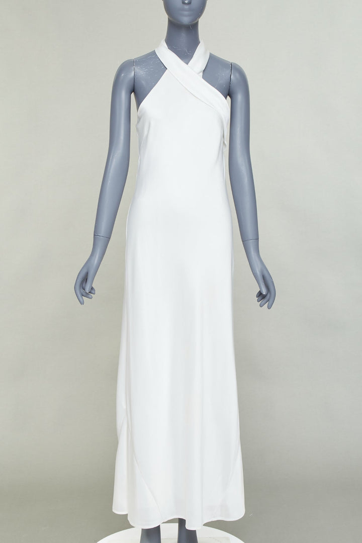 GALVAN Pandora Bridal ivory white satin halter neck drape sash midi dress FR38 S