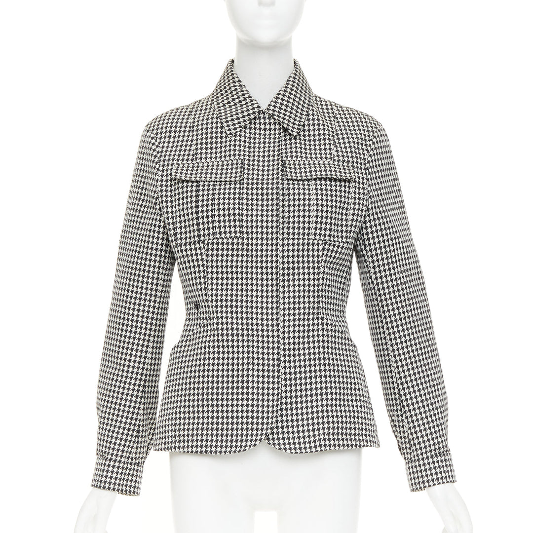DIOR 2019 black white houndstooth CD bee utility cinched waist bar jacket FR38 M