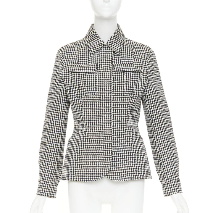DIOR 2019 black white houndstooth CD bee utility cinched waist bar jacket FR38 M