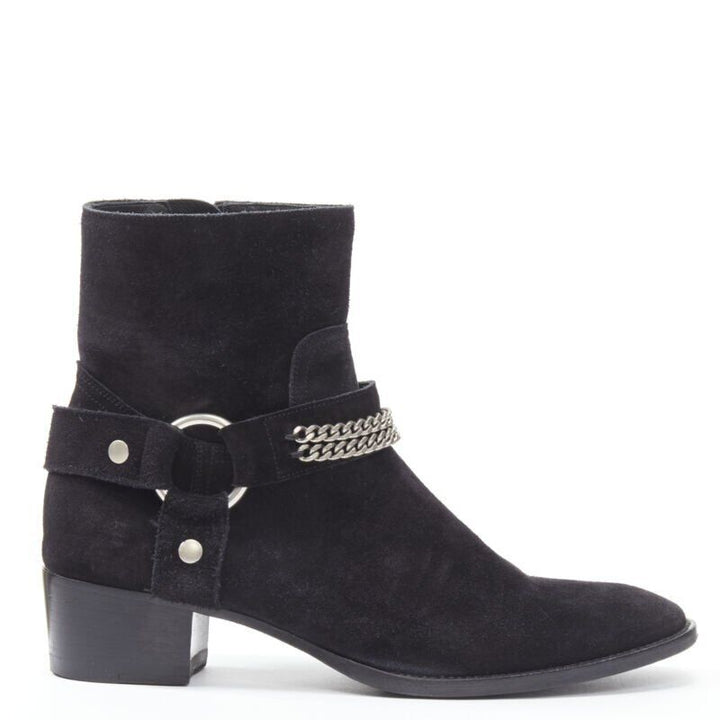 SAINT LAURENT Wyatt 40 black suede silver chain harness ankle boot EU36.5