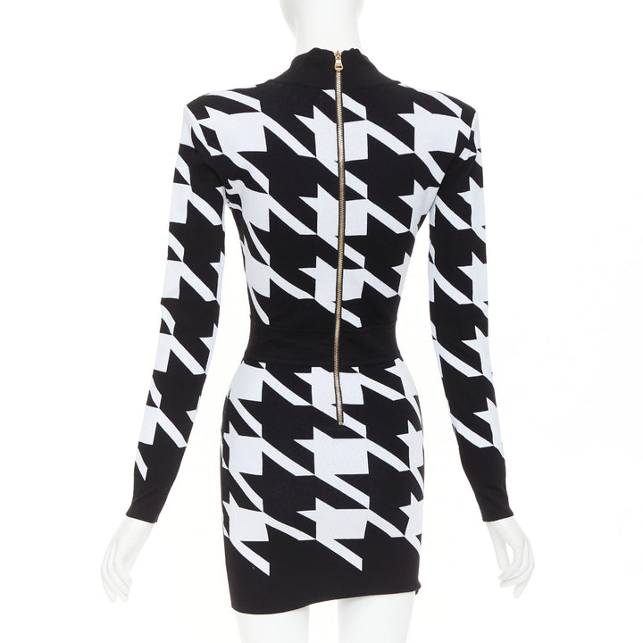 BALMAIN Houndstooth Mini black white bold print jacquard padded dress FR36 S