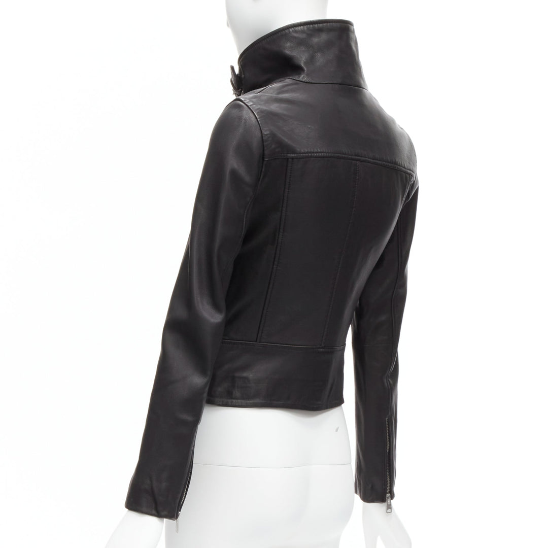 ALL SAINTS Bales black lamb leather buckles funnel collar biker jacket UK6 XS