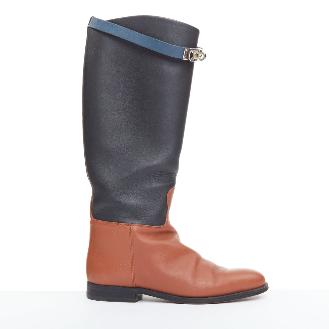 HERMES Jumping Kelly tri-color black brown navy calfskin riding boots EU37