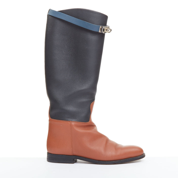 HERMES Jumping Kelly tri-color black brown navy calfskin riding boots EU37