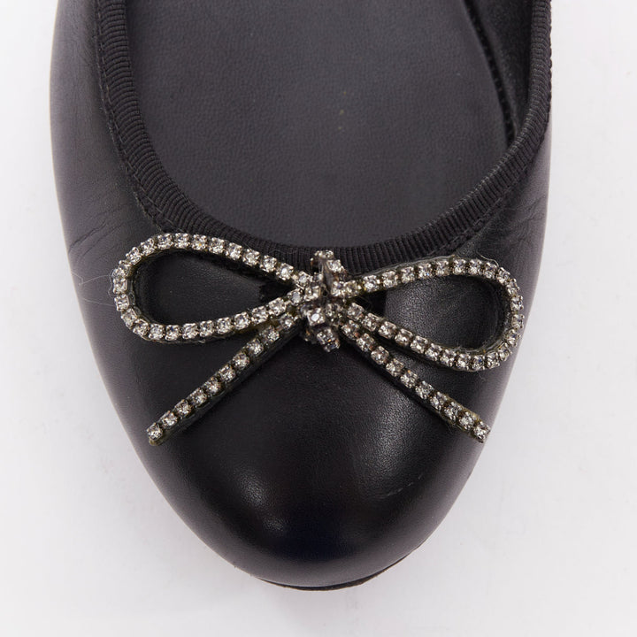 SAINT LAURENT Seta black leather rhinestone crystal bow ballerina flats EU37