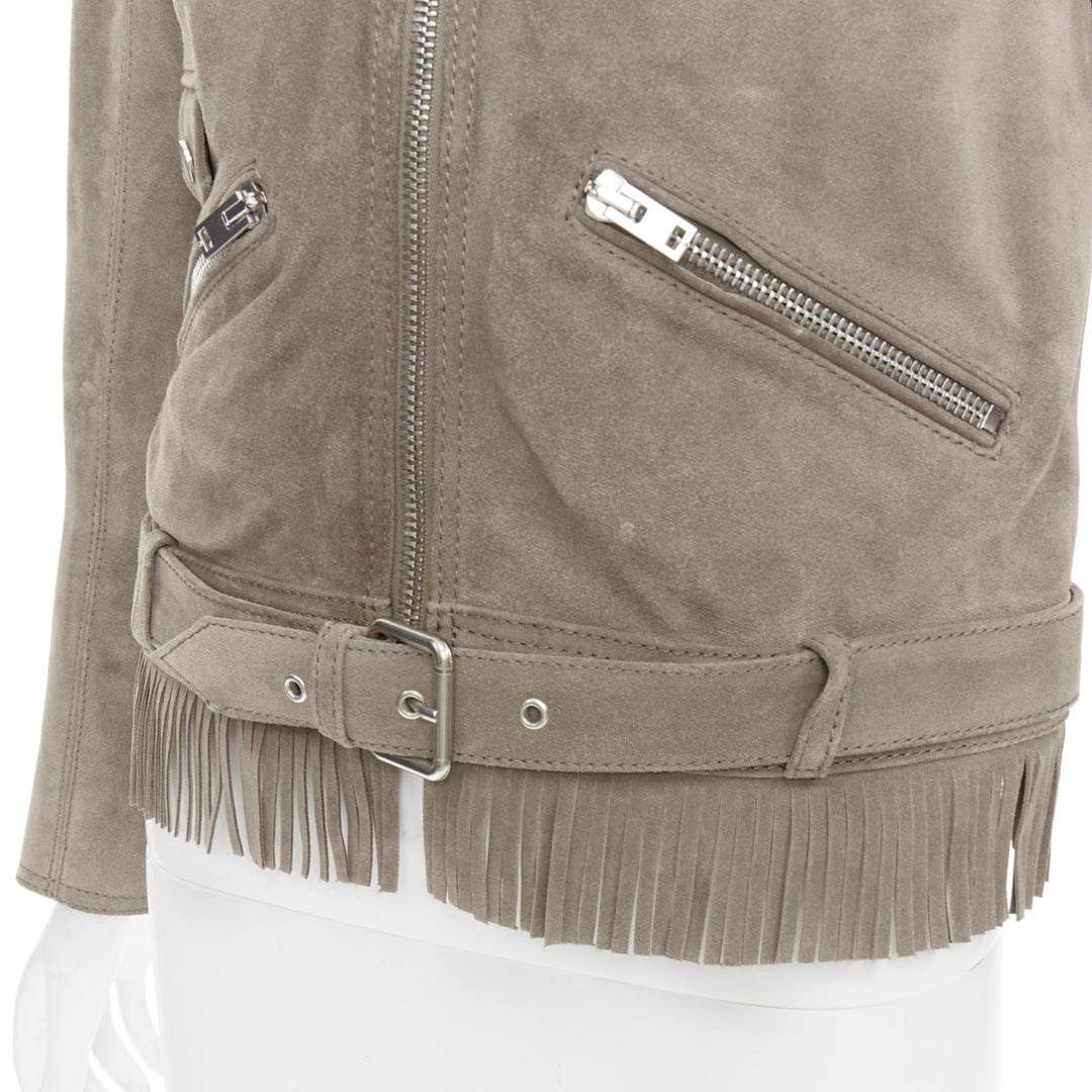 THE KOOPLES taupe cow suede leather western fringe belted biker jacket M