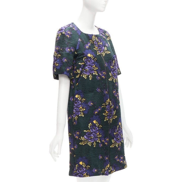 MARNI green purple wool silk cloque floral print zip coat dress IT38 XS