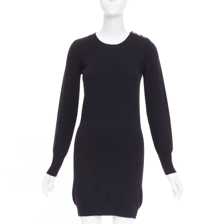 CHANEL 100% cashmere black gold CC logo turnlock shoulder sweater dress FR34 XS