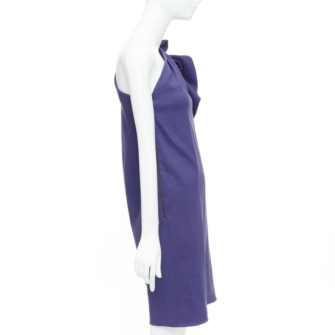 LANVIN 2015 deep purple linen one shoulder ruffle dress FR38 M