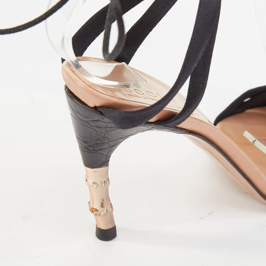 GUCCI 2004 Runway Tom Ford black satin lace up metallic bamboo sandals EU36C