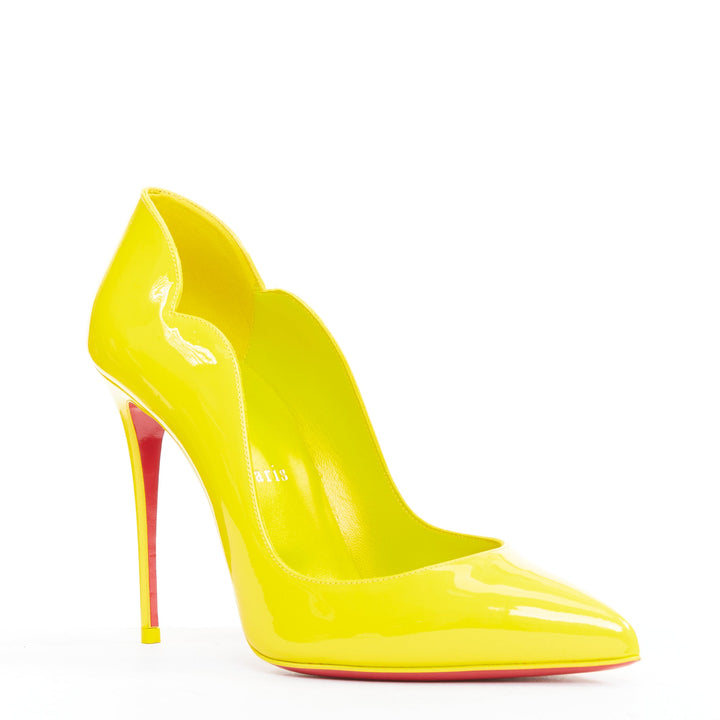CHRISTIAN LOUBOUTIN Hot Chick 100 Patent citrus lemon scallop point pump EU37.5