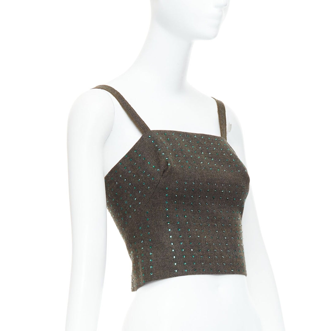 MIU MIU Vintage 1998 Runway fleece wool green crystal bustier top IT38 XS