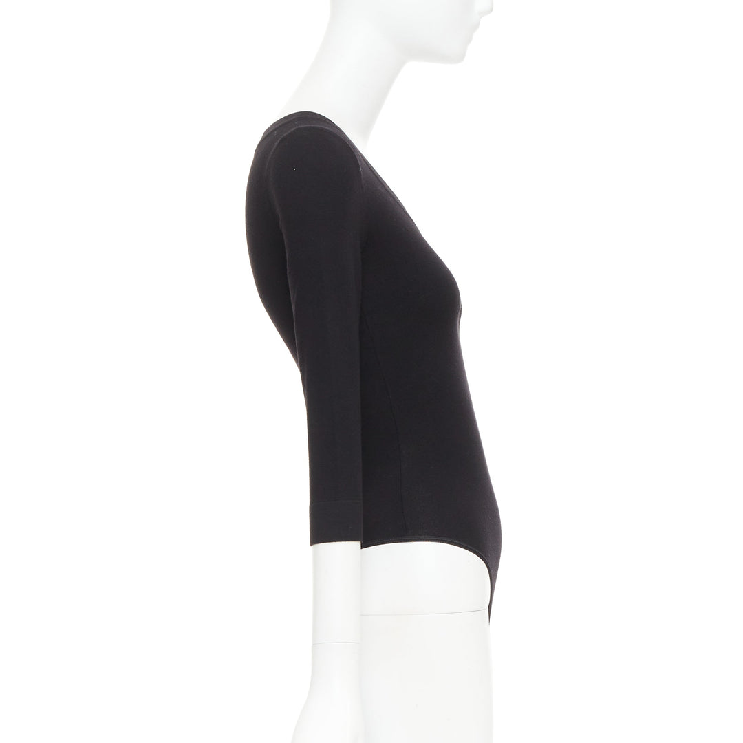 ALAIA black virgin wool blend V-neck bodysuit sweater leotard top FR36 S