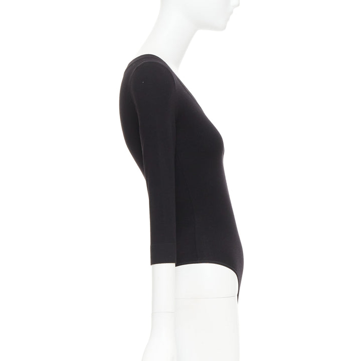 ALAIA black virgin wool blend V-neck bodysuit sweater leotard top FR36 S
