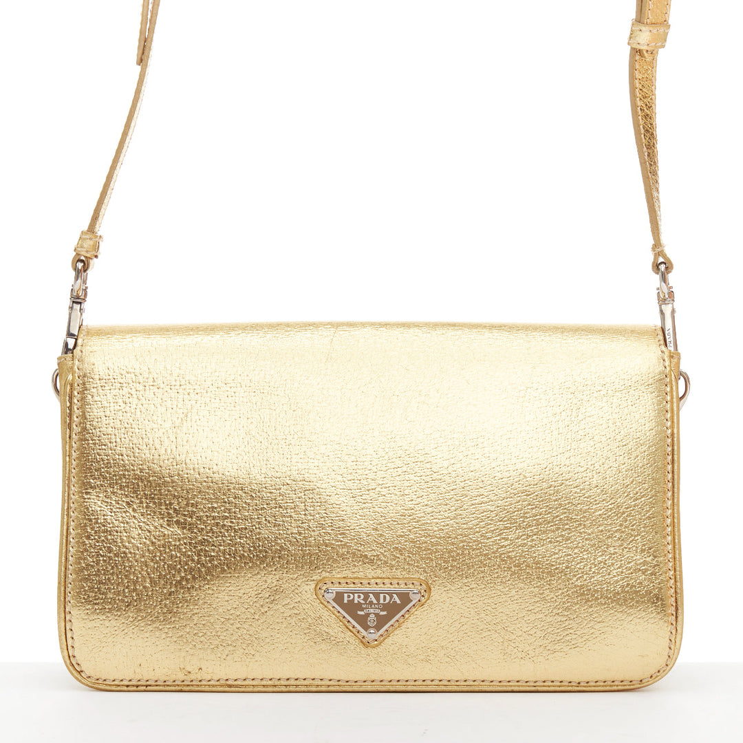 PRADA Vintage gold metallic leather silver logo flap crossbody bag