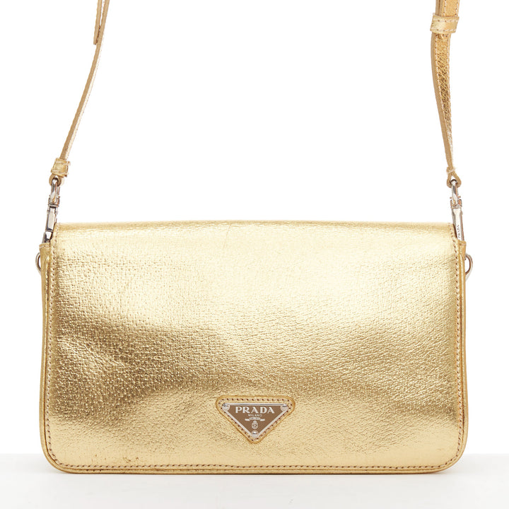 PRADA Vintage gold metallic leather silver logo flap crossbody bag