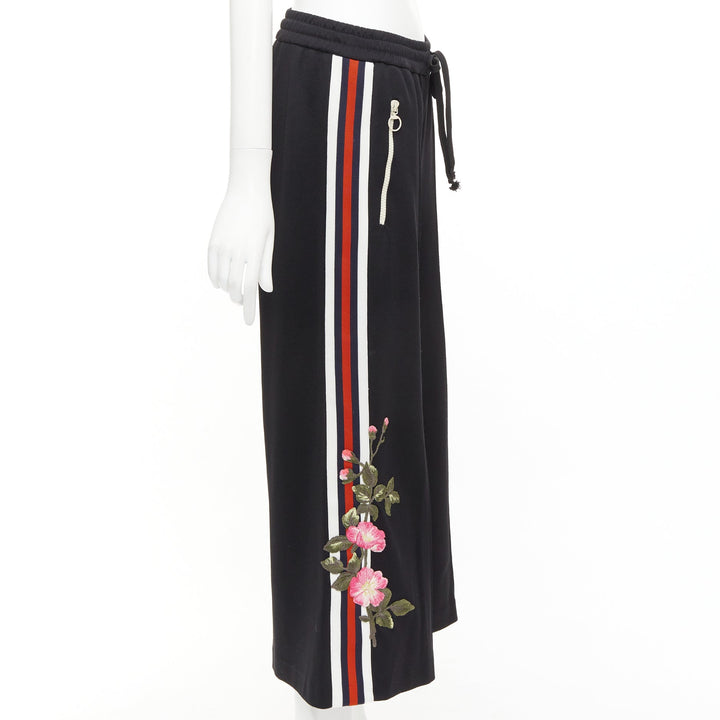 GUCCI black webbing floral patch zip pocket wide leg joggers