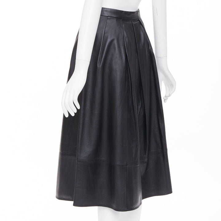 TIBI black lambskin pleated high waist full flare a line midi skirt US0 XS