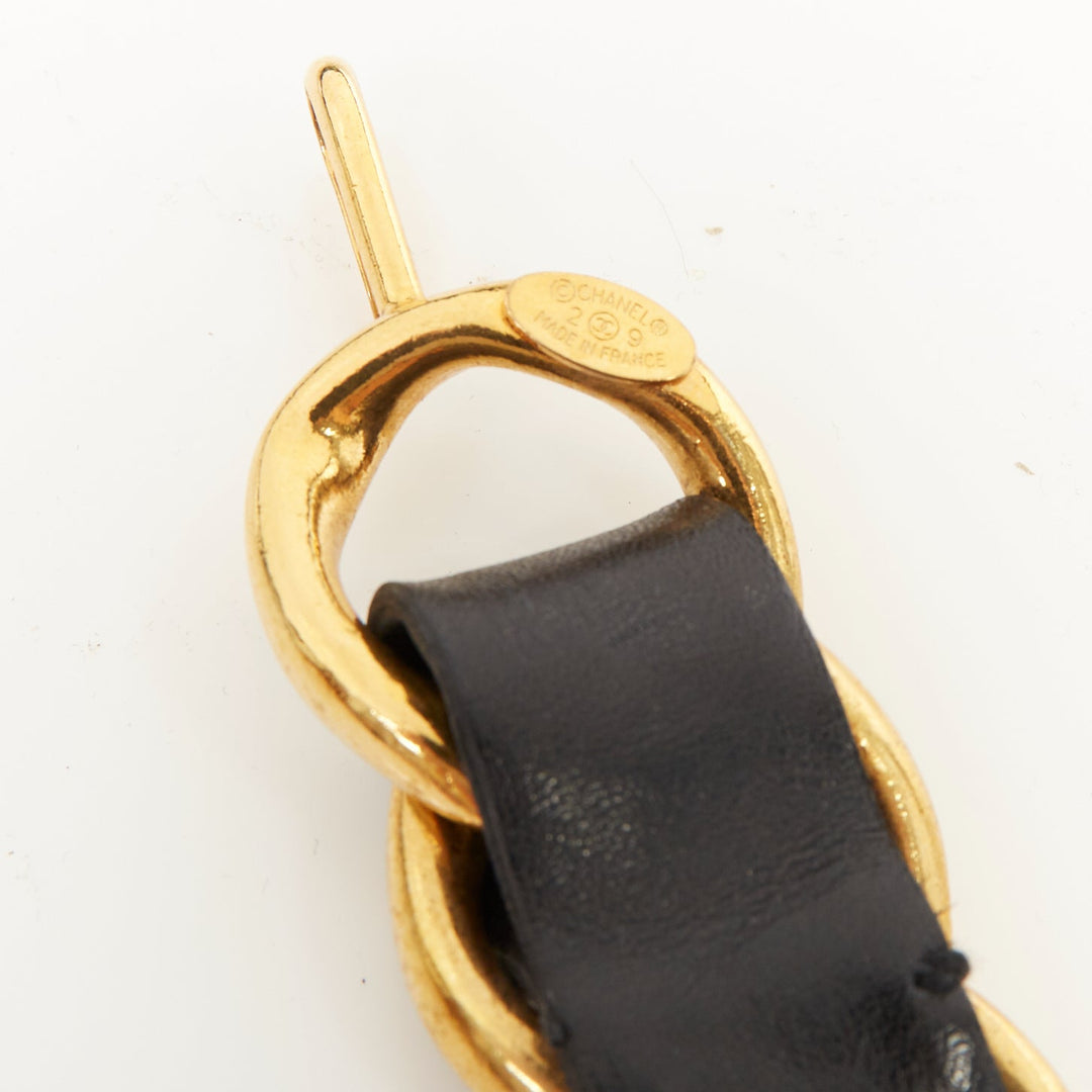 rare CHANEL 1993 Vintage Spell Out logo black leather interwoven gold chain belt