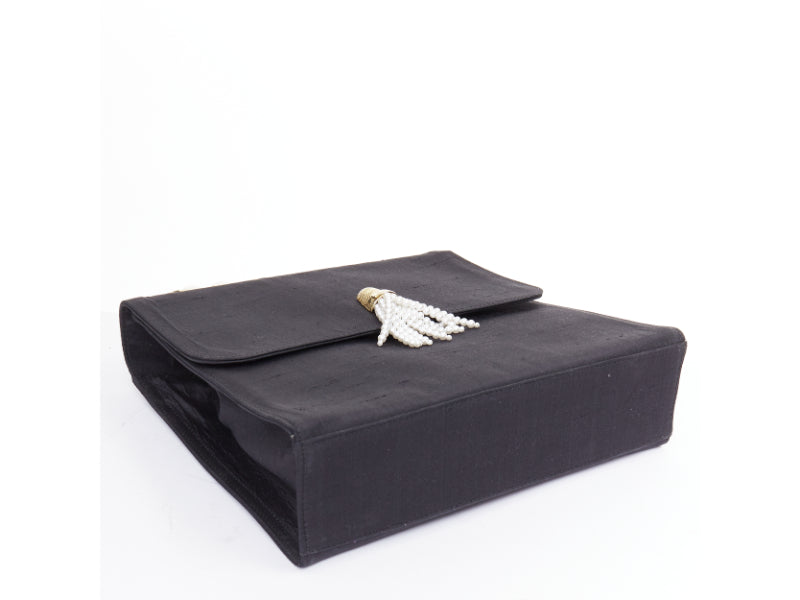 MOSCHINO 1990s Vintage black raw silk pearl gold handle tassel top handle bag