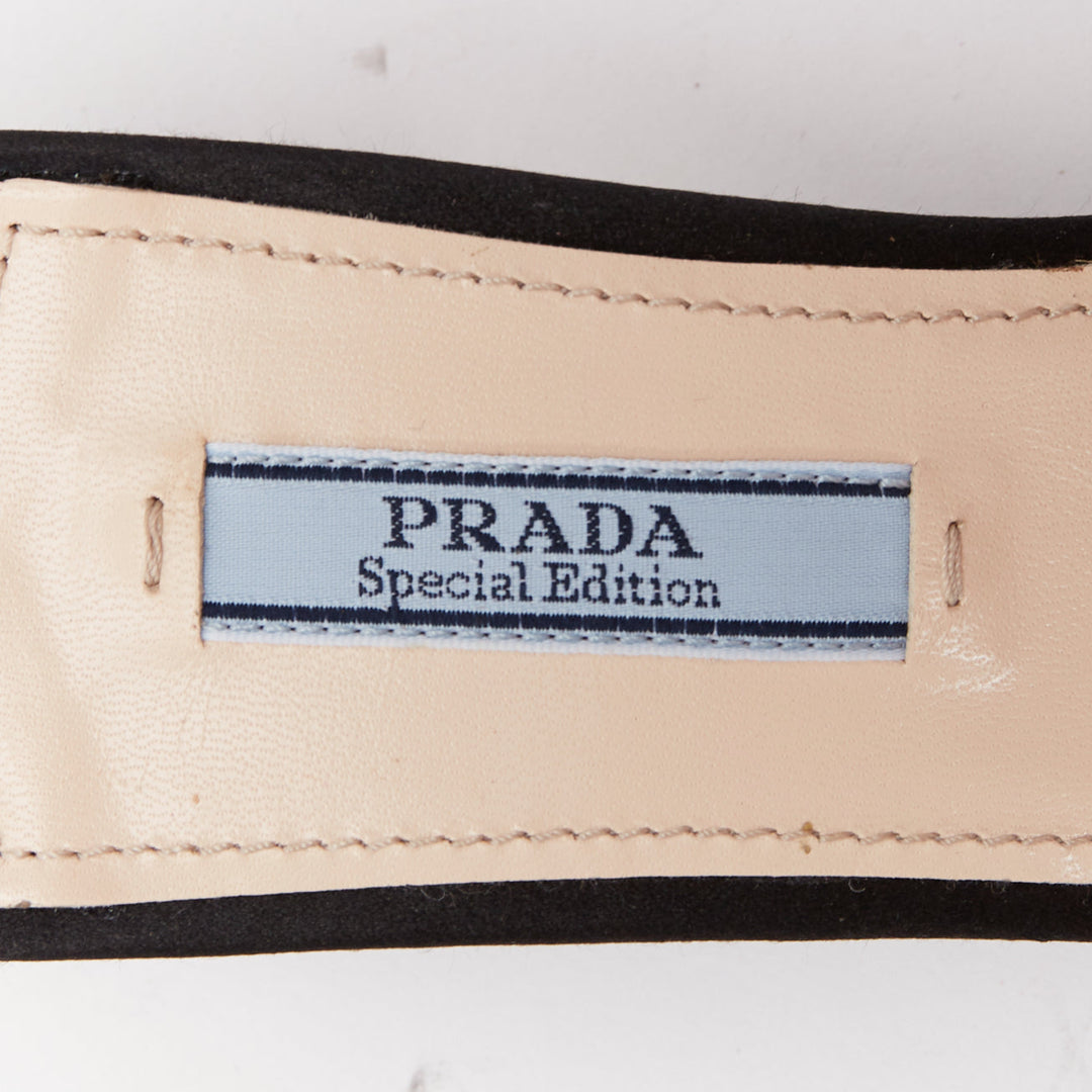 PRADA Special Edition red crystal lip black satin block heeled mules EU37.5