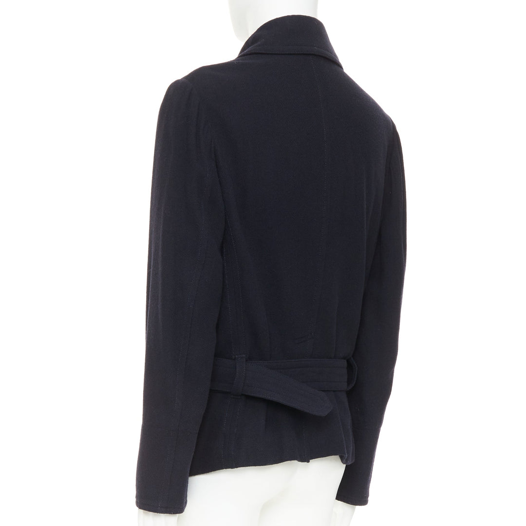 Y'S YOHJI YAMAMOTO black wool double breasted belted short peacoat jacket JP3 L
