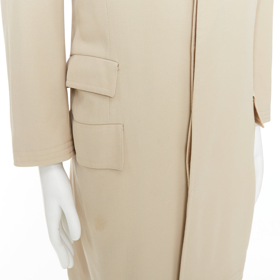 HERMES beige 100% wool twill horn buttons minimal long coat IT46 S