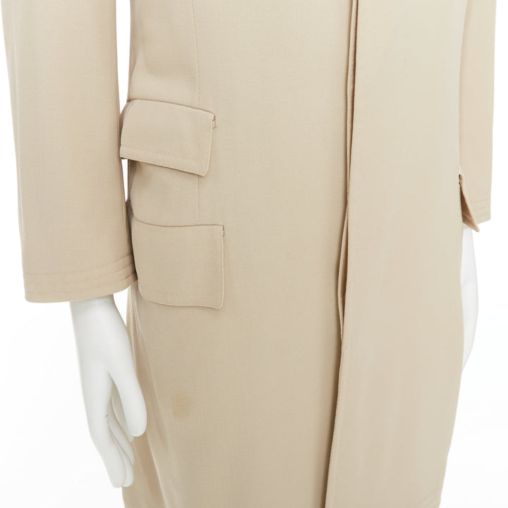 HERMES beige 100% wool twill horn buttons minimal long coat IT46 S