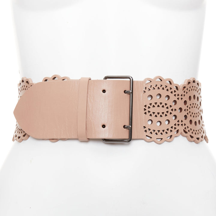 ALAIA nude leather  laser cut out scallop edge wide belt 65cm