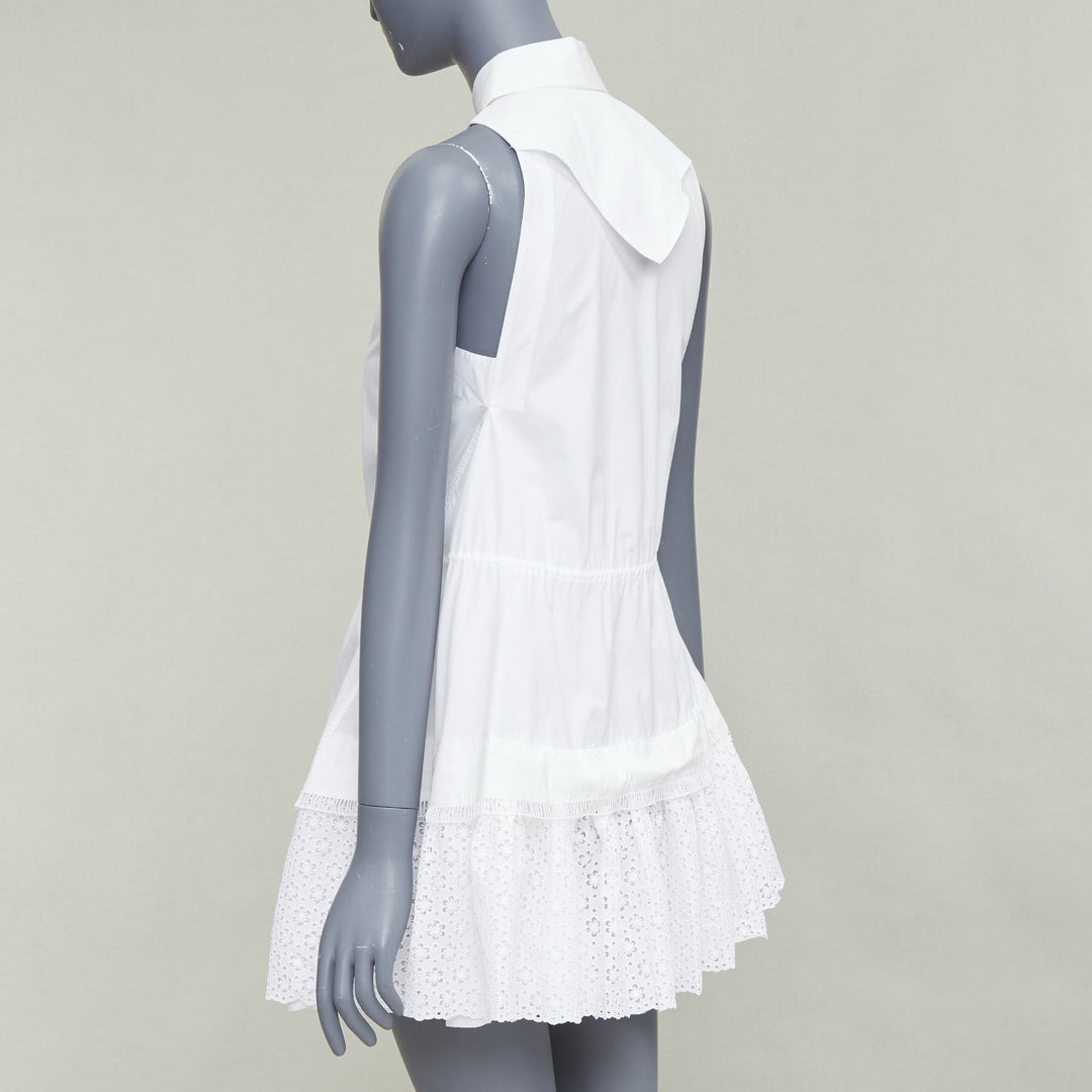 ALAIA white cotton floral eyelet drawstring tie waist tiered shirt dress FR36 S