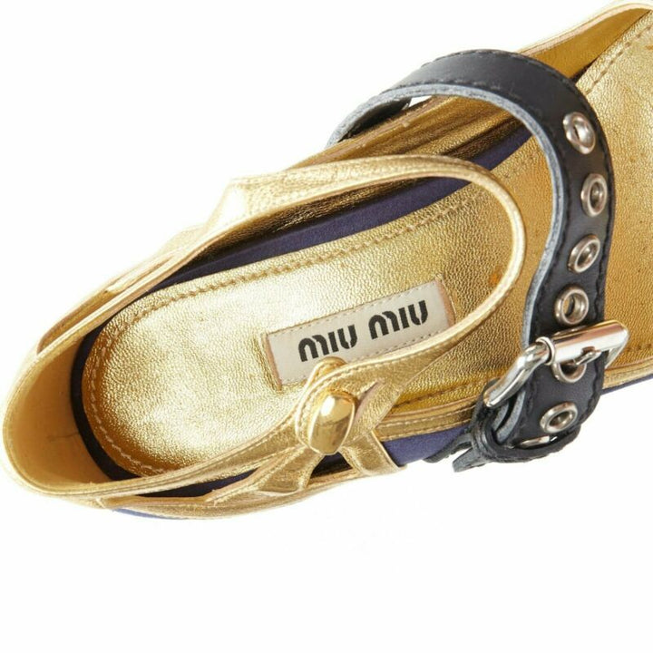 rare MIU MIU blue satin gold trim punk strap Barocco platform wedge EU34